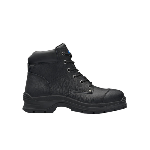 WORKWEAR, SAFETY & CORPORATE CLOTHING SPECIALISTS - Black print leather lace up safety boot with padded collar and ¾ bellows tongue