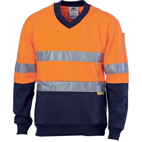 WORKWEAR, SAFETY & CORPORATE CLOTHING SPECIALISTS - HiVis Two Tone Cotton Fleecy Sweat Shirt V-Neck with 3M R/Tape