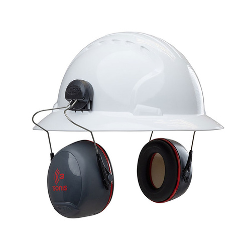 WORKWEAR, SAFETY & CORPORATE CLOTHING SPECIALISTS - Sonis3 Full Brim Helmet Mounted Grey/Red Plate Earmuffs Class 5 - 32dB