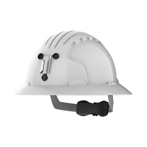 WORKWEAR, SAFETY & CORPORATE CLOTHING SPECIALISTS EVO 6100 Full Brim Unvented Hard Hat with Miners Cap Attachment White