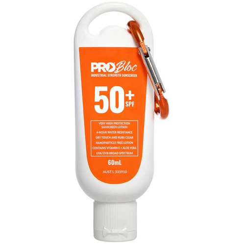 WORKWEAR, SAFETY & CORPORATE CLOTHING SPECIALISTS - PROBLOC SPF 50 + Sunscreen 60mL Squeeze Bottle with Carabiner (MOQ 6)