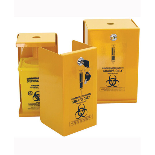 WORKWEAR, SAFETY & CORPORATE CLOTHING SPECIALISTS SHARPS METAL SAFE, 5L, YELLOW ARMOUR, INCLUDES 2 SQUARE 5L PLASTIC SHARPS CONTAINERS