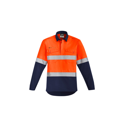 WORKWEAR, SAFETY & CORPORATE CLOTHING SPECIALISTS Mens Orange Flame Hi Vis Closed Front Shirt - Hoop Taped