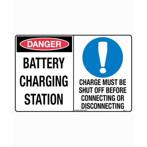 WORKWEAR, SAFETY & CORPORATE CLOTHING SPECIALISTS 450x300mm - Metal - Danger Battery Charging Station / Charge Must Be Shut Off Before Connecting or D