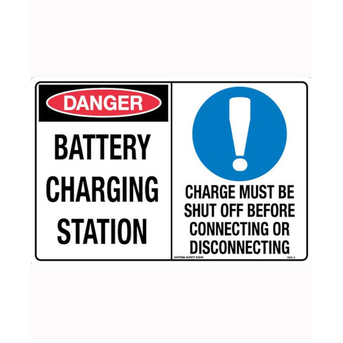 WORKWEAR, SAFETY & CORPORATE CLOTHING SPECIALISTS 300x225mm - Poly - Danger Battery Charging Station / Charge Must Be Shut Off Before Connecting or Di