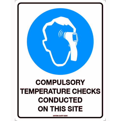 WORKWEAR, SAFETY & CORPORATE CLOTHING SPECIALISTS - 300x225mm - Poly - Compulsory Temperature Checks Conducted on This Site (Face & Thermometer picto)