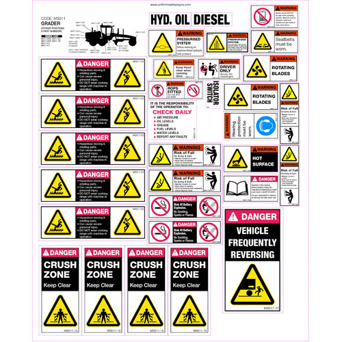 WORKWEAR, SAFETY & CORPORATE CLOTHING SPECIALISTS 425x515mm - Machinery Sticker Sets - Grader (31 decals per sheet)